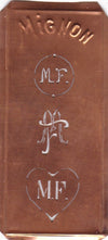 MF - Hübsche alte Kupfer Schablone mit 3 Monogramm-Ausführungen