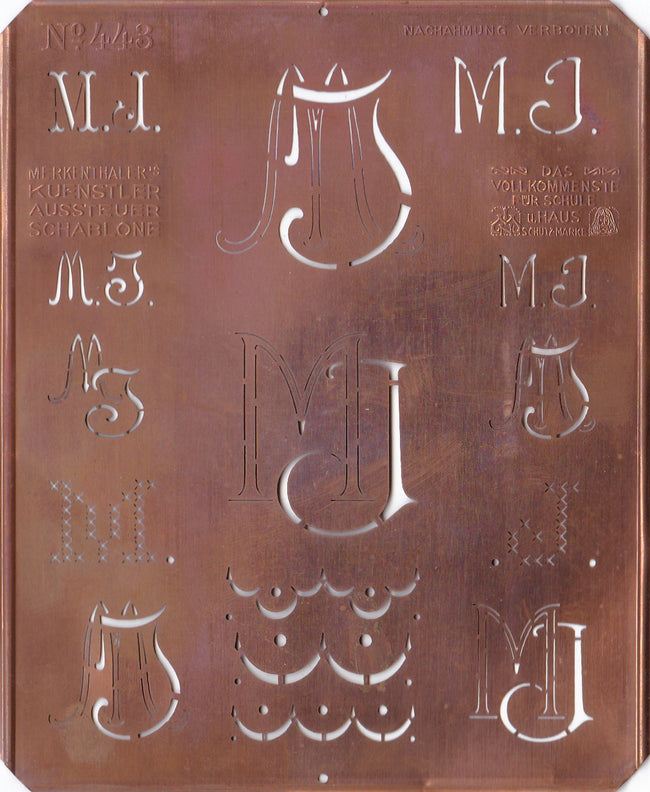 MJ - Uralte Monogrammschablone aus Kupferblech