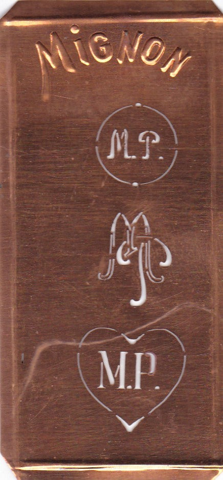 MP - Hübsche alte Kupfer Schablone mit 3 Monogramm-Ausführungen
