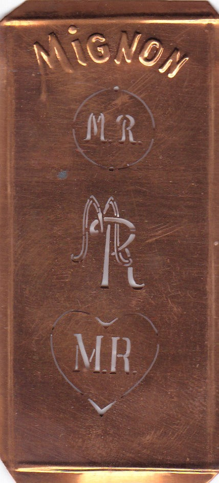 MR - Hübsche alte Kupfer Schablone mit 3 Monogramm-Ausführungen
