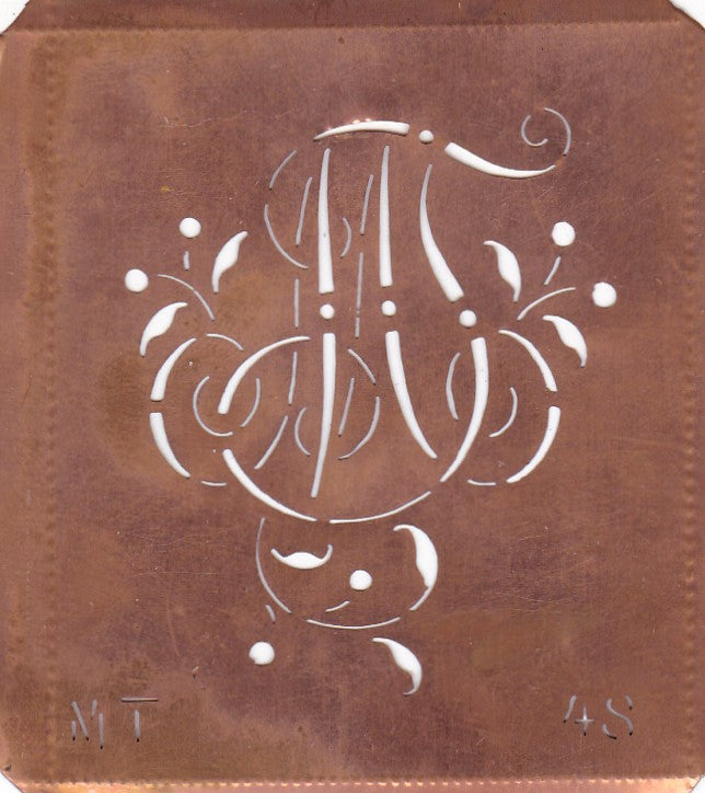 MT - Alte Schablone aus Kupferblech mit klassischem verschlungenem Monogramm 
