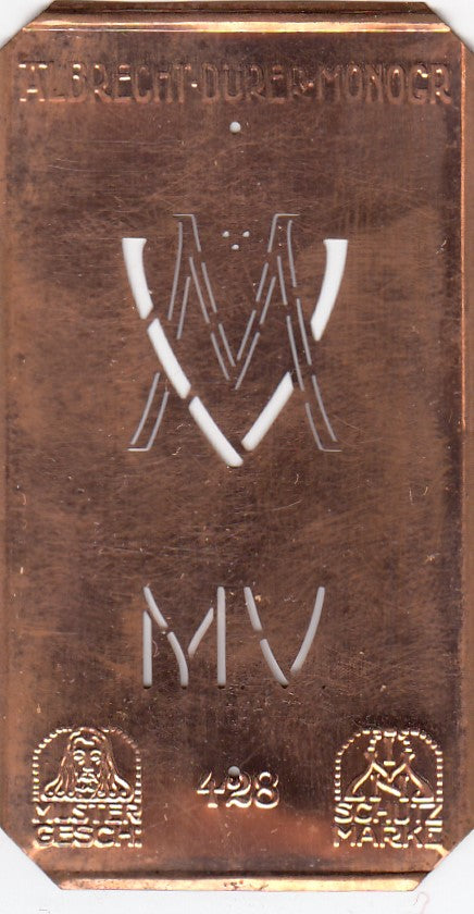 MV - Kleine Monogramm-Schablone in Jugendstil-Schrift