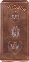 MW - Hübsche alte Kupfer Schablone mit 3 Monogramm-Ausführungen
