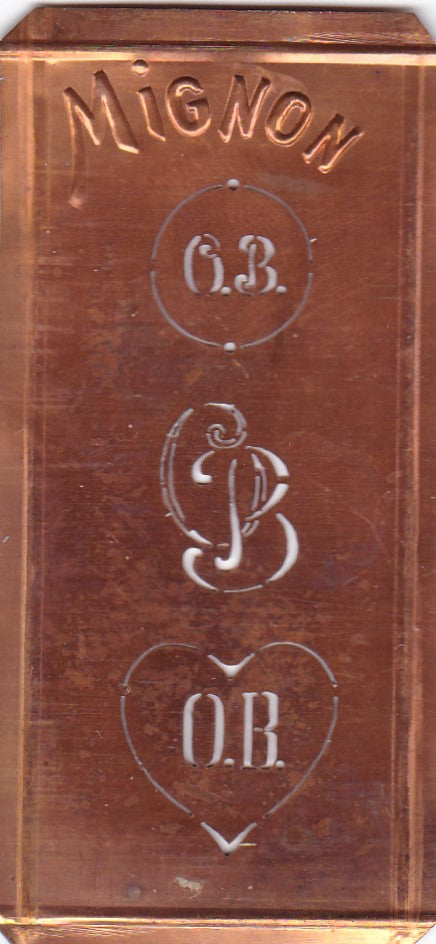OB - Hübsche alte Kupfer Schablone mit 3 Monogramm-Ausführungen