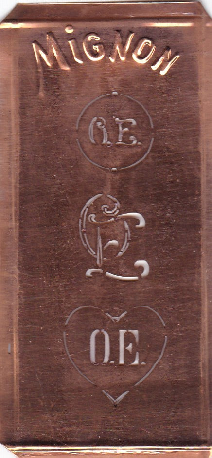 OE - Hübsche alte Kupfer Schablone mit 3 Monogramm-Ausführungen