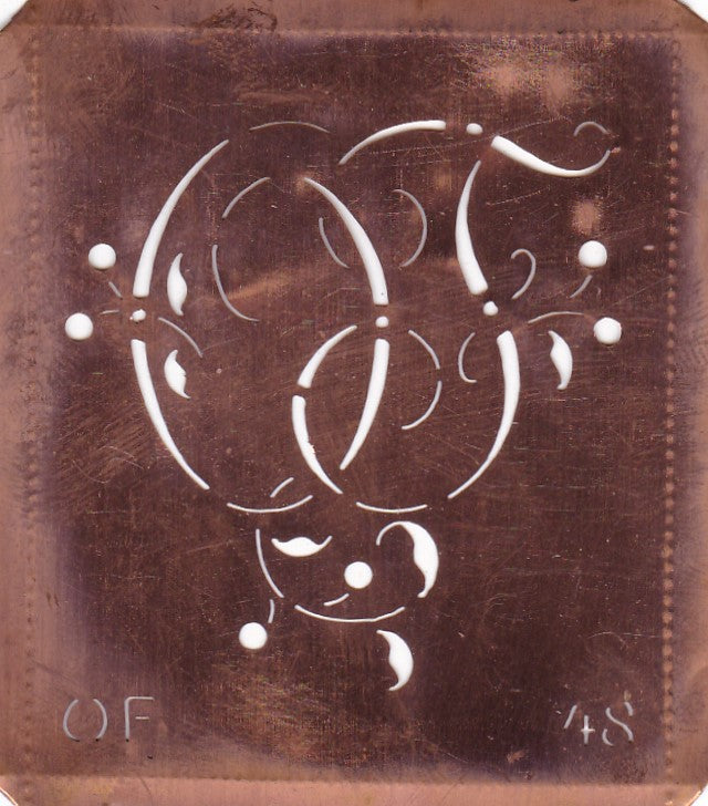 OF - Alte Schablone aus Kupferblech mit klassischem verschlungenem Monogramm 