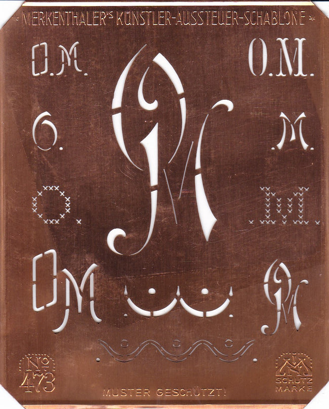 OM - Alte Kupferschablone mit 7 verschiedenen Monogrammen