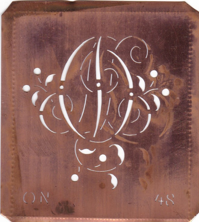 ON - Alte Schablone aus Kupferblech mit klassischem verschlungenem Monogramm 