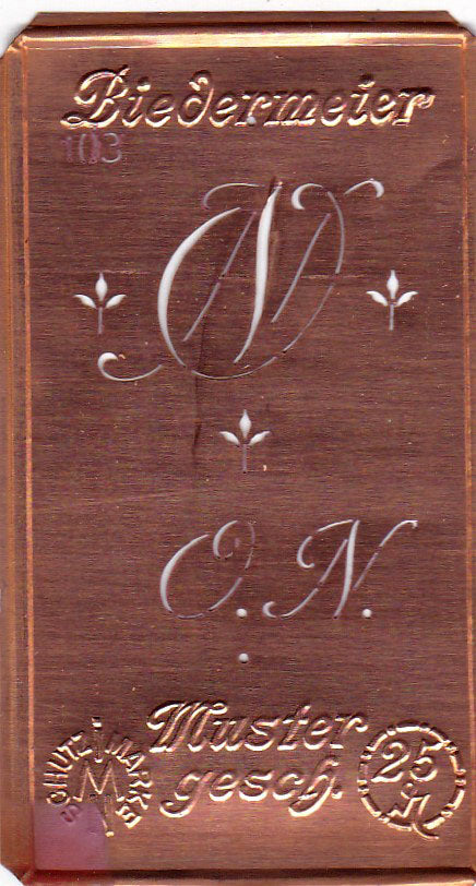 www.knopfparadies.de - ON - Alte Stickschablone mit 2 zarten Monogrammen