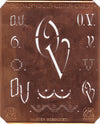 OV - Alte Kupferschablone mit 7 verschiedenen Monogrammen