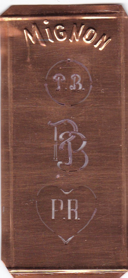 PB - Hübsche alte Kupfer Schablone mit 3 Monogramm-Ausführungen