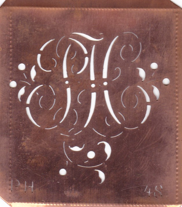 PH - Alte Schablone aus Kupferblech mit klassischem verschlungenem Monogramm 