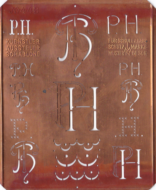 PH - Uralte Monogrammschablone aus Kupferblech