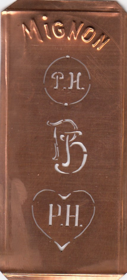 PH - Hübsche alte Kupfer Schablone mit 3 Monogramm-Ausführungen