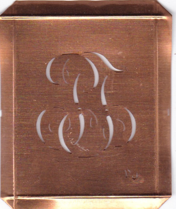 PJ - Hübsche alte Kupfer Schablone mit 3 Monogramm-Ausführungen