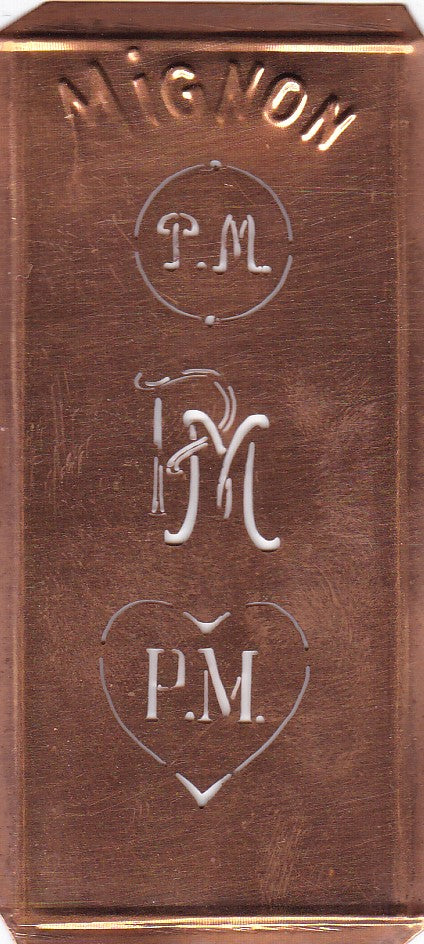 PM - Hübsche alte Kupfer Schablone mit 3 Monogramm-Ausführungen