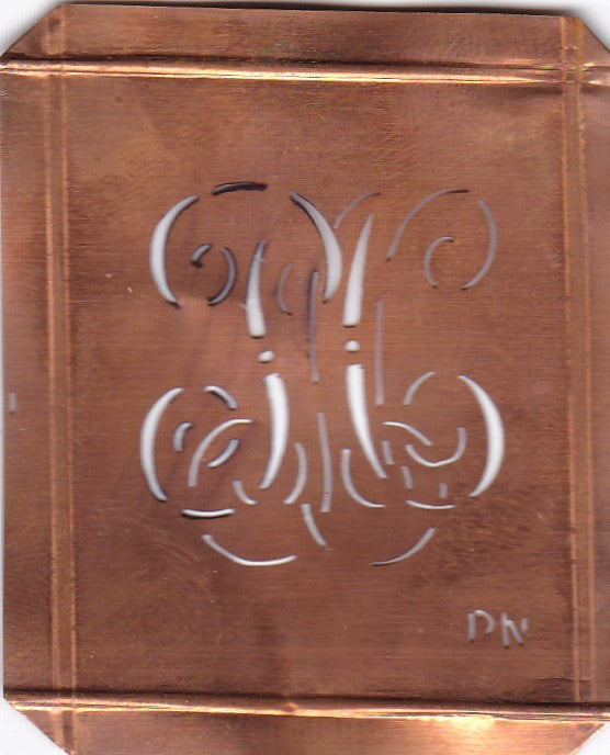 PN - Hübsche alte Kupfer Schablone mit 3 Monogramm-Ausführungen