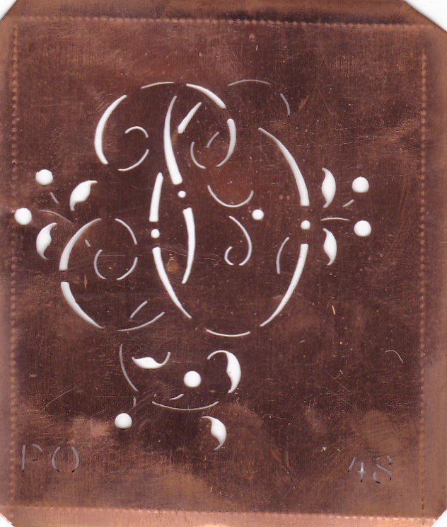 PO - Alte Schablone aus Kupferblech mit klassischem verschlungenem Monogramm 