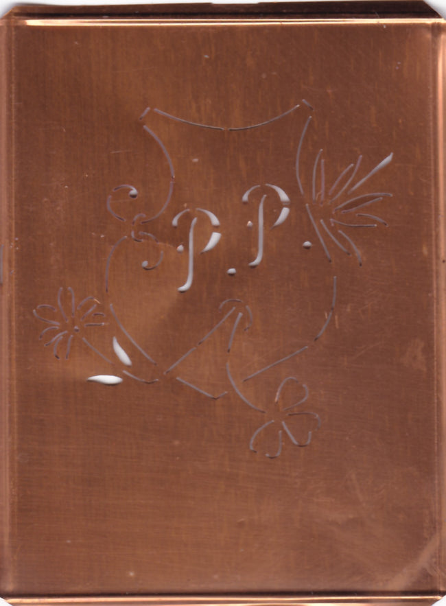 PP - Seltene Stickvorlage - Uralte Wäscheschablone mit Wappen - Medaillon