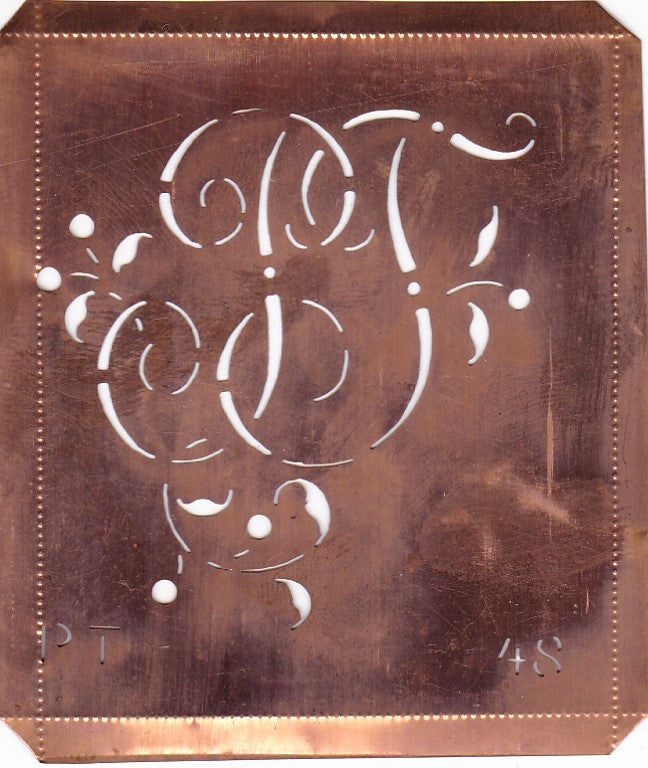 PT - Alte Schablone aus Kupferblech mit klassischem verschlungenem Monogramm 