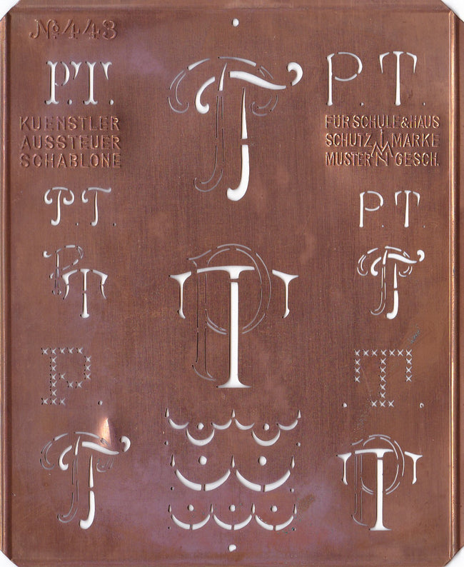 PT - Uralte Monogrammschablone aus Kupferblech