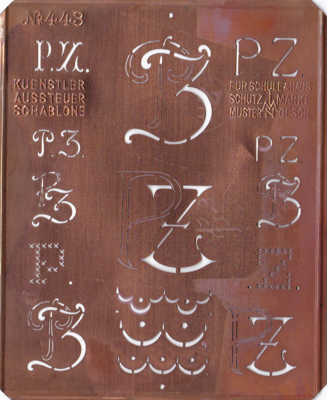 PZ - Uralte Monogrammschablone aus Kupferblech