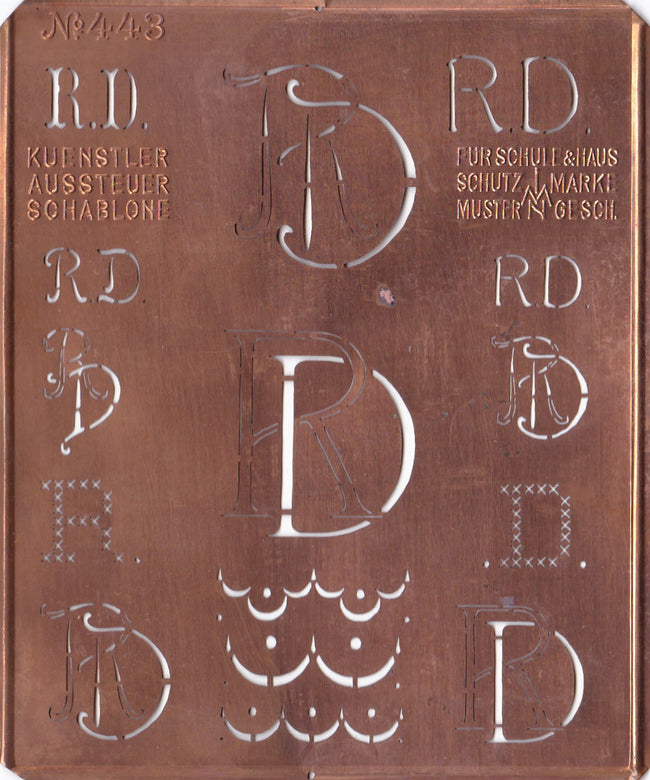 RD - Uralte Monogrammschablone aus Kupferblech