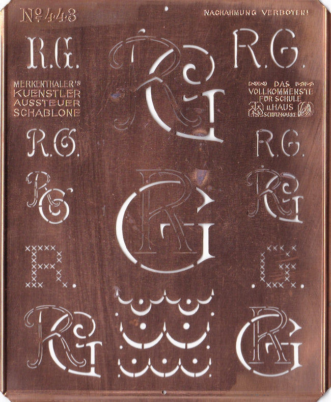 RG - Uralte Monogrammschablone aus Kupferblech