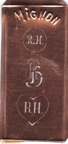 RH - Hübsche alte Kupfer Schablone mit 3 Monogramm-Ausführungen