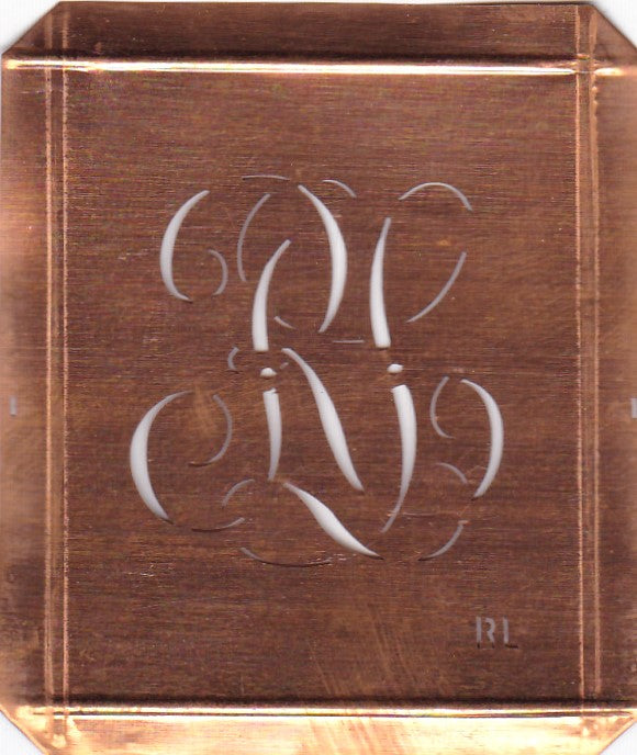 RL - Hübsche alte Kupfer Schablone mit 3 Monogramm-Ausführungen