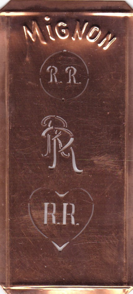 RR - Hübsche alte Kupfer Schablone mit 3 Monogramm-Ausführungen