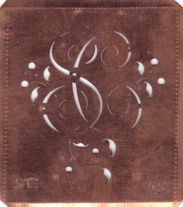 SC - Alte Schablone aus Kupferblech mit klassischem verschlungenem Monogramm 
