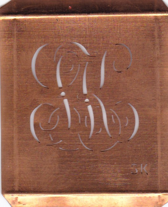 SK - Hübsche alte Kupfer Schablone mit 3 Monogramm-Ausführungen
