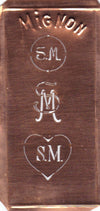 SM - Hübsche alte Kupfer Schablone mit 3 Monogramm-Ausführungen