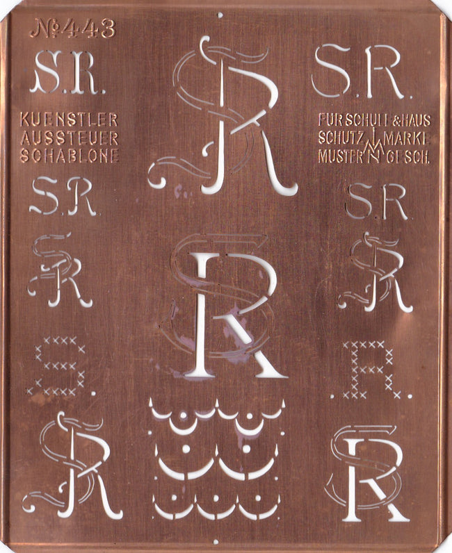 SR - Uralte Monogrammschablone aus Kupferblech