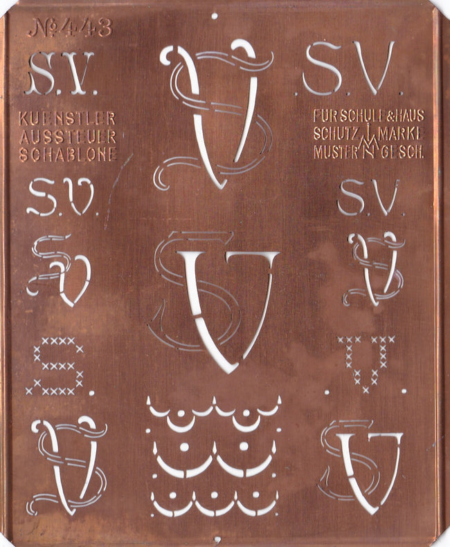 SV - Uralte Monogrammschablone aus Kupferblech
