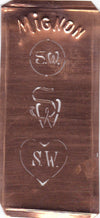 SW - Hübsche alte Kupfer Schablone mit 3 Monogramm-Ausführungen