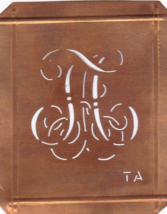 TA - Hübsche alte Kupfer Schablone mit 3 Monogramm-Ausführungen