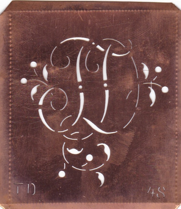 TD - Alte Schablone aus Kupferblech mit klassischem verschlungenem Monogramm 