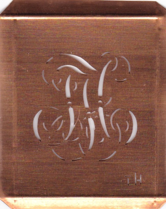 TH - Hübsche alte Kupfer Schablone mit 3 Monogramm-Ausführungen
