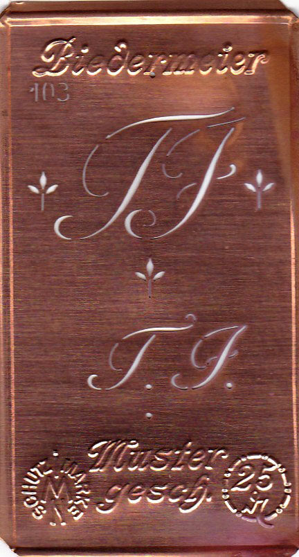 www.knopfparadies.de - TJ - Alte Stickschablone mit 2 zarten Monogrammen