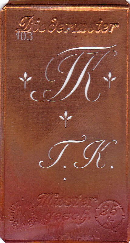 www.knopfparadies.de - TK - Alte Stickschablone mit 2 zarten Monogrammen