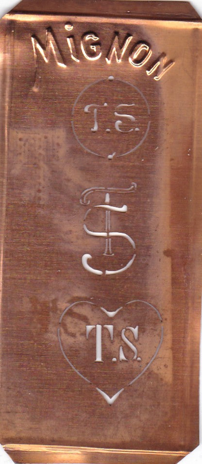 TS - Hübsche alte Kupfer Schablone mit 3 Monogramm-Ausführungen