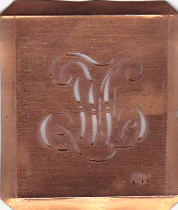 TW - Hübsche alte Kupfer Schablone mit 3 Monogramm-Ausführungen