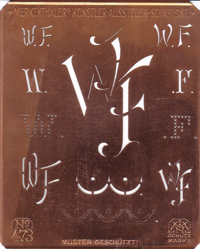 WF - Alte Kupferschablone mit 7 verschiedenen Monogrammen