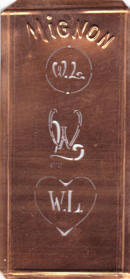 WR - Hübsche alte Kupfer Schablone mit 3 Monogramm-Ausführungen