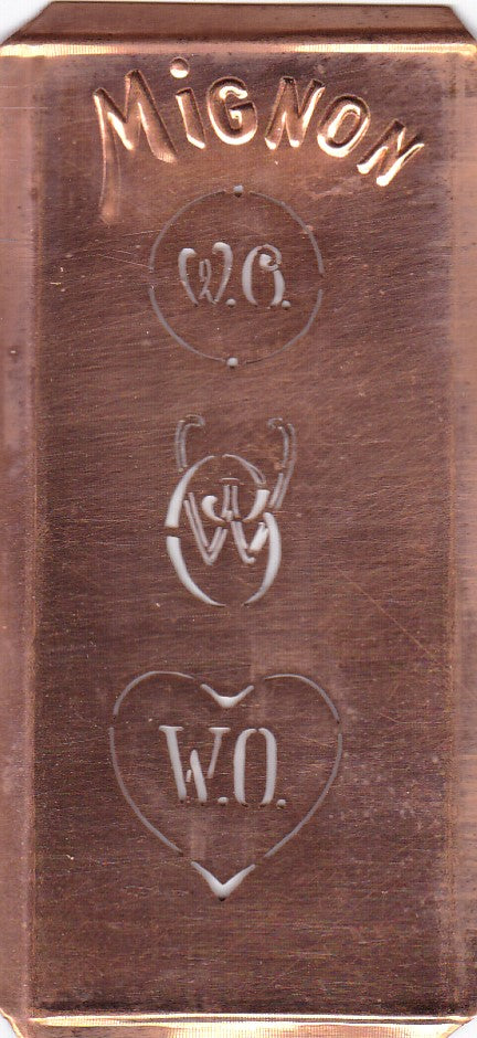 WO - Hübsche alte Kupfer Schablone mit 3 Monogramm-Ausführungen