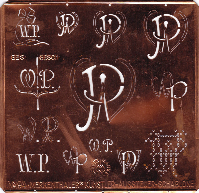 WP - Sehr große und dekorative Kupfer Schablone mit 13 Monogrammvariationen