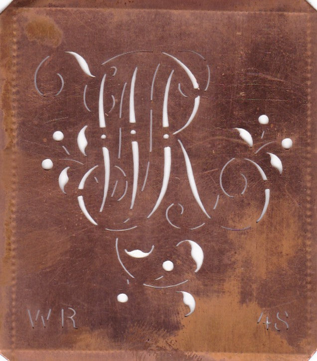 WR - Alte Schablone aus Kupferblech mit klassischem verschlungenem Monogramm 