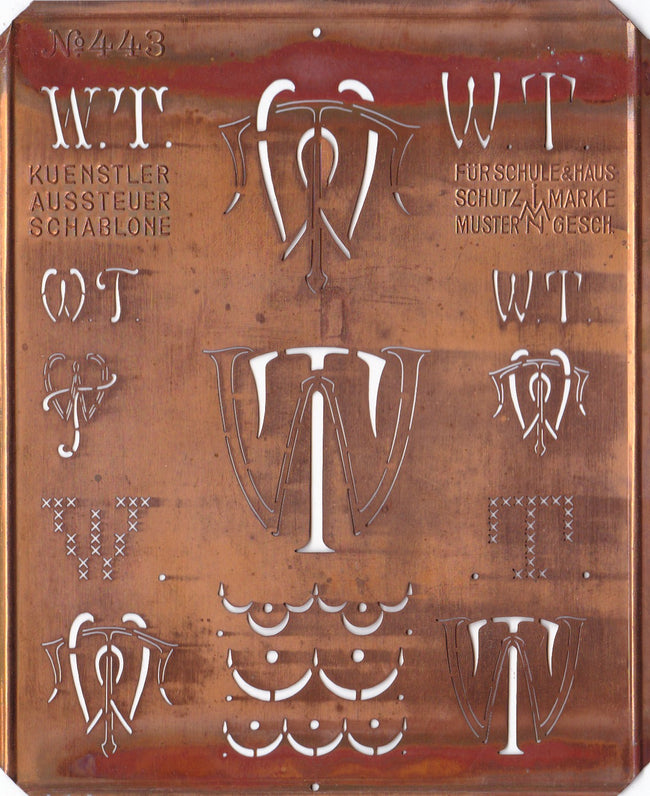 WT - Uralte Monogrammschablone aus Kupferblech